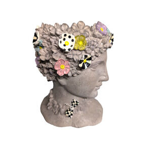 Mackenzie Childs Maia Bust Planter Pot Resin Small 11" Gray Courtly Check